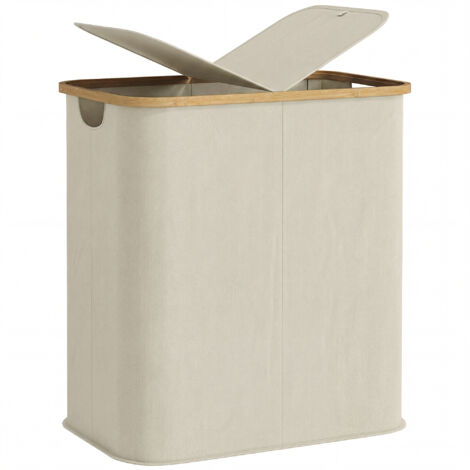 Panier à linge double pliable 80 L corbeille à linge sale avec couvercle, poignées rainurées, beige