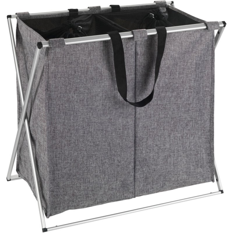 Panier à linge Wenko Duo gris pliable 120 litres en polyester avec 2 compartiments pour tri optimal de la linge et trageriemen en aluminium léger et