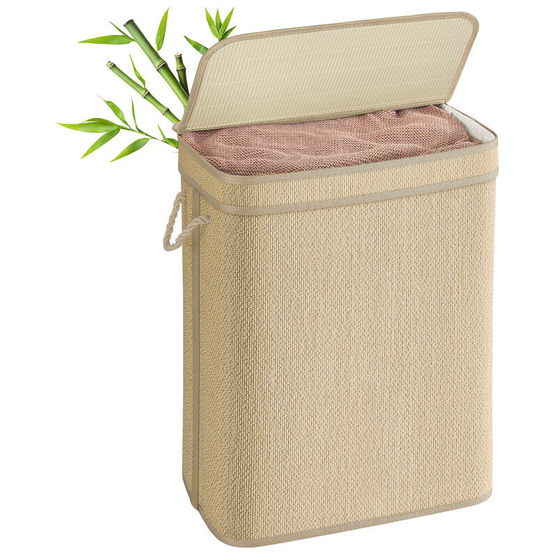 Panier à Linge en Bambou, Corbeille à Linge Sale, 90 Litres, Sac Amovible et Lavable en Machine, avec Couvercle, Poignées, pour Buanderie, Chambre,