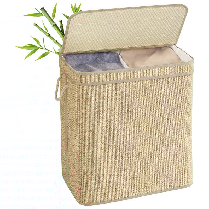 Panier à Linge en Bambou 2 Compartiments, Corbeille à Linge Sale, 130 Litres, Sac Amovible et Lavable en Machine, avec Couvercle, Poignées, pour