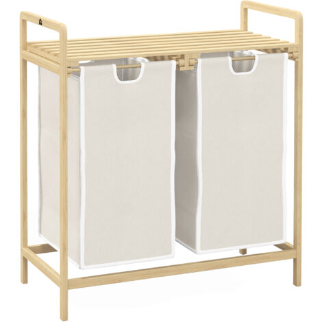 Panier à linge en bambou 2 paniers amovibles et coulissants en non-tissé 63,5 x 33 x 73 cm crème
