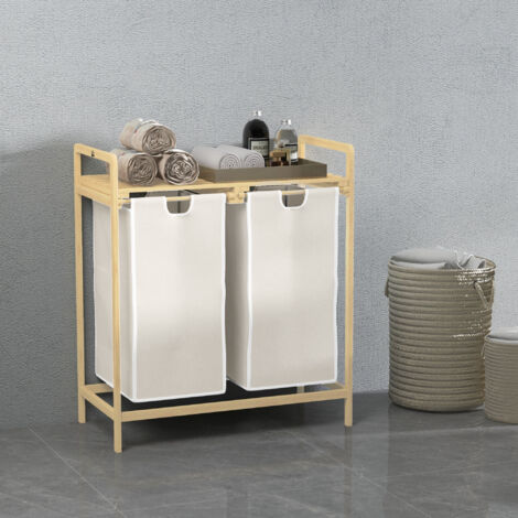 Panier à linge en bambou 2 paniers amovibles et coulissants en non-tissé 63.5 x 33 x 73 cm crème