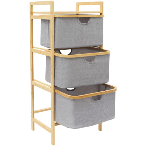 Panier à linge en bambou 3 compartiments amovibles Étagère pour salle de bain et chambre à coucher HBT : 96 x 44 x 33 cm, naturel/gris.