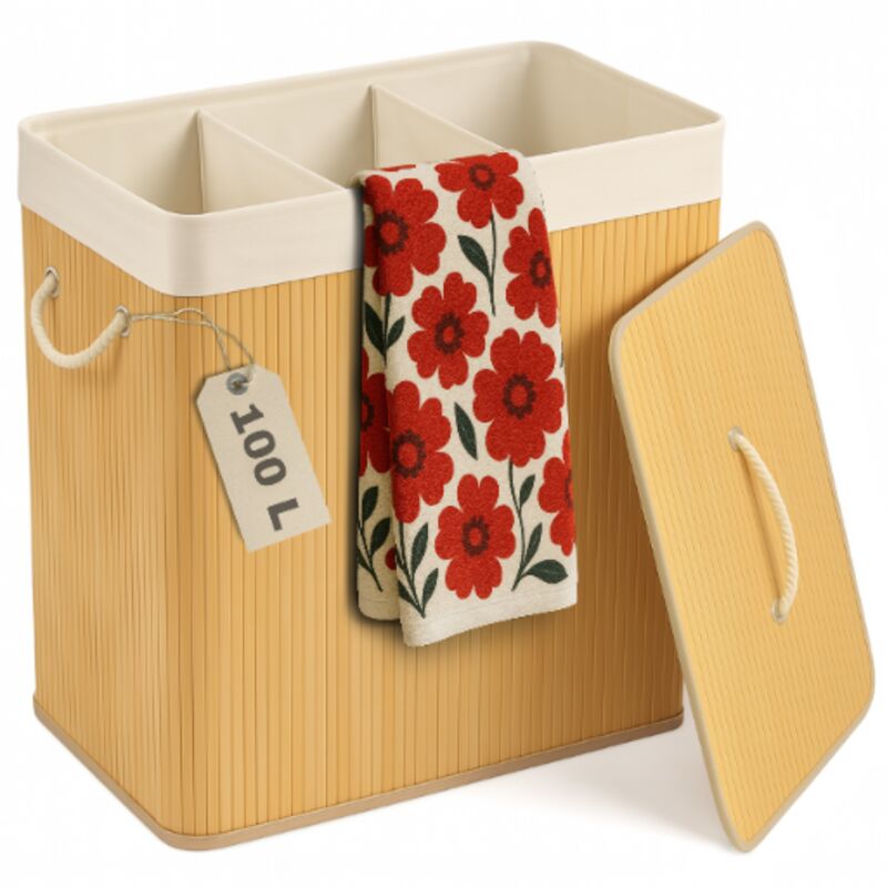 Panier à linge en bambou à trois compartiments, beige, 100 l