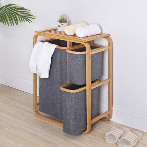 Panier à linge en bambou avec 3 sacs de tri coulissants amovibles  dimensions : 50 x 32 x 69,7 cm. Gris et naturel.