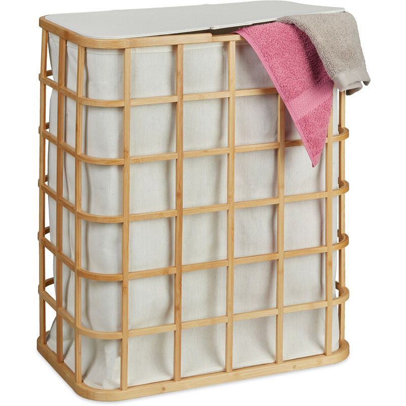 Panier à linge en bambou, avec couvercle, 2 compartiments, 38,5 l chacun, trieur, sac en tissu, nature/beige - Relaxdays