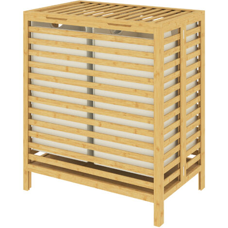 Panier à linge en bambou avec couvercle, 2 paniers pliables, 64L, couleur nature et blanc crème