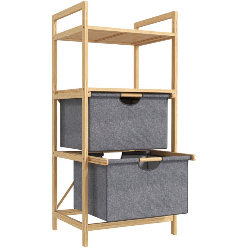 Panier à linge en bambou - panier à linge 2 bacs 2 étagères - panier à linge double - tissu gris