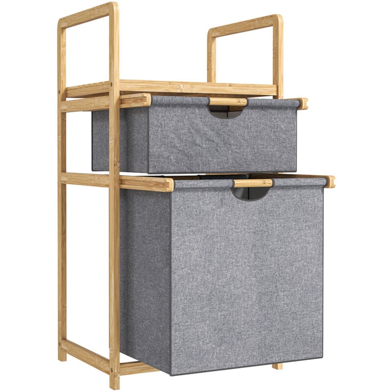 Panier à linge en bambou - panier à linge 2 bacs et étagère - panier à linge double - tissu gris