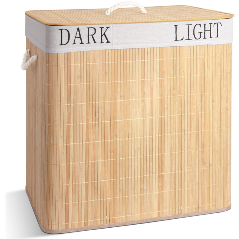 Vounot - Panier a linge en bambou rectangulaire triple compartiments avec couvercle 150L