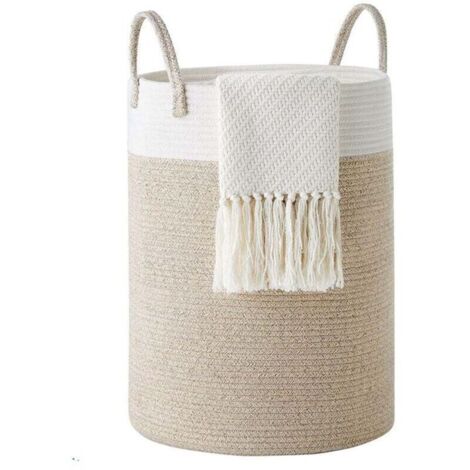 Panier à linge en corde de coton par,58L Panier à linge pliable tissé Panier de rangement pour couvertures,organisation de buanderie, rangement de chambre à coucher, panier à vêtements Marron