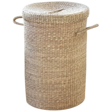 Panier à linge en jonc de mer naturel – Diamètre 40 cm x Hauteur 60 cm – Couvercle et hanses pour transport facile – Pour salle de bain et chambre