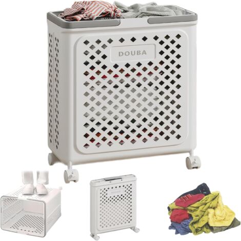 Panier à linge en plastique à roulettes, pliable, grand format, panier de rangement pour salle de bain (blanc)