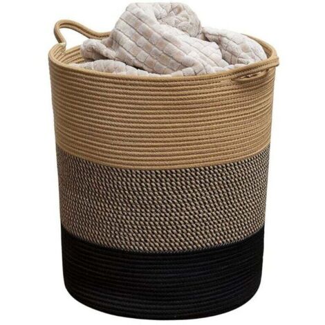 Panier à linge en tissu, panier de rangement en corde de coton, panier à linge à grain croisé, panier à linge (fleurs jaunes et noires + noir, 42 cm/45 cm)