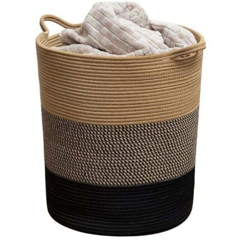 Panier à linge en tissu, panier de rangement en corde de coton, panier à linge à grain croisé, panier à linge (fleurs jaunes et noires + noir, 42 cm/45 cm)