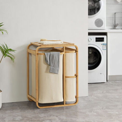 [En.Casa] – Panier à linge en bambou 71 x 50 x 33 cm – 3 compartiments sur rails – Capacité 38L et 12L – Tablette supérieure pour rangement