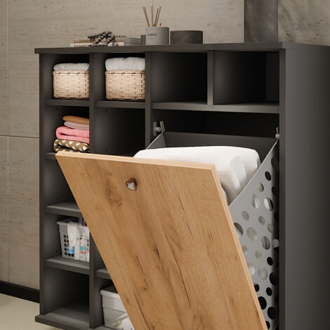 Armoire De Salle De Bain VIKTOR Anthracite/chêne Doré - 40x88 Cm, Avec Panier à Linge - Meuble Rangement Linge Sale