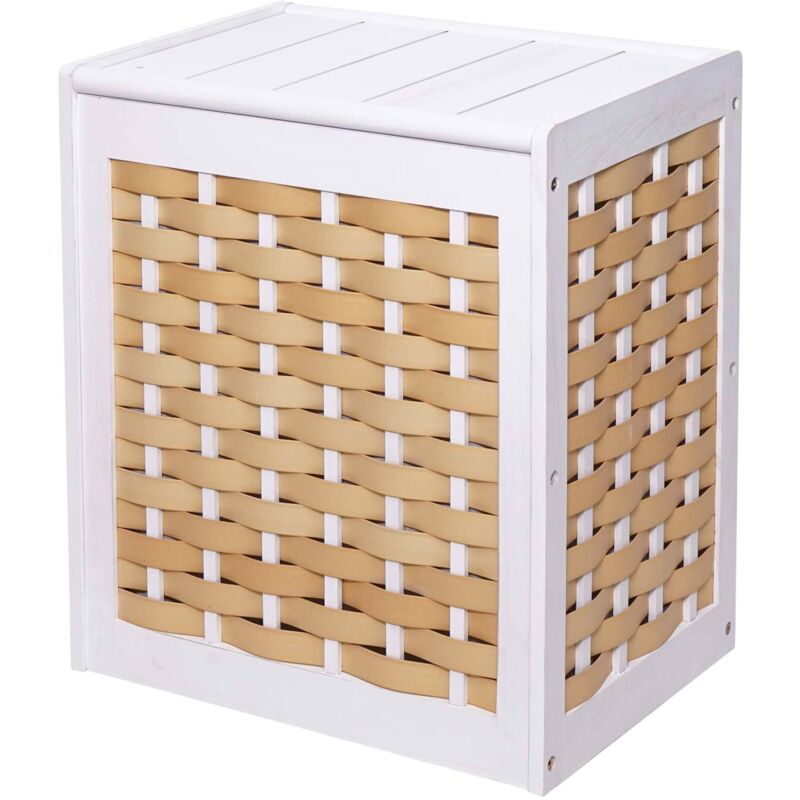 Jamais utilisé] Panier à linge HHG 818, collecteur de linge, bois massif, aspect shabby, tresse 61x51x35cm, blanc