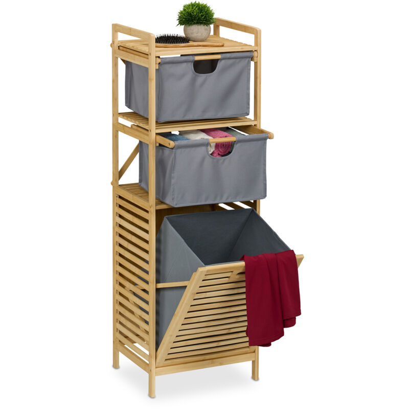 Meuble à linge, sac de capacité 30 litres, paniers pratiques, bambou et polyester, 120x40x33 cm, nature & gris - Relaxdays