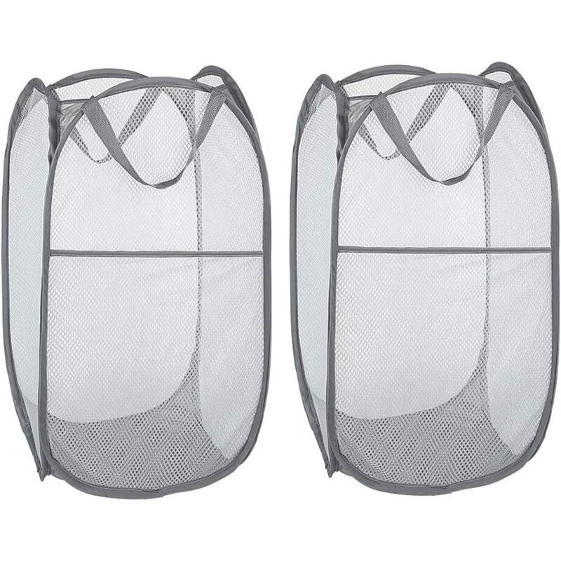 Beijiyi - Panier à Linge [Lot de 2] Corbeilles à Linge Pliable Pop Up en Maille Filet Sac à Linge Panier à Linge Pliable avec Manipuler, Gris