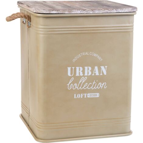 Panier à linge métal avec couvercle bois et poignées corde - beige effet vieilli bois naturel