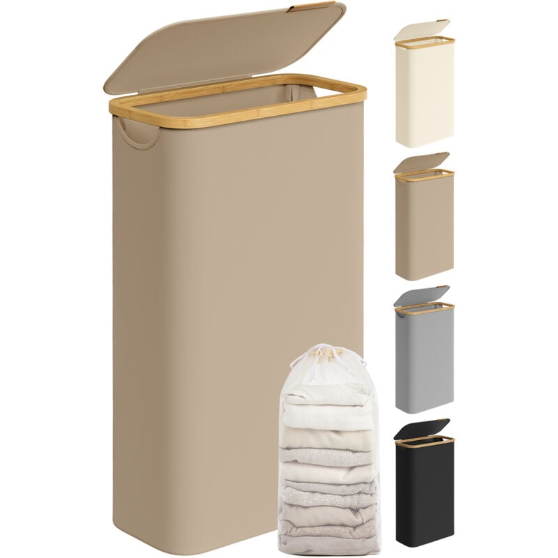 Panier à Linge Mince avec Couvercle, 65L, Gain de Place, Doublure en Maille Amovible, Tissu Oxford, Poignées en Bambou, Pliable, 42 x 22,5 x 70,5 cm,