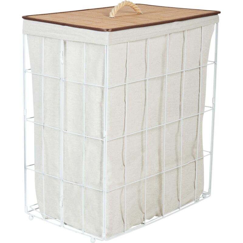 Panier à Linge Moderne en Métal avec Couvercle Amovible en Bambou Blanc et Bois Clair Mirissa