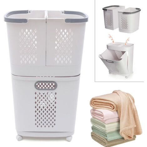 Panier à linge multifonctionnel à deux niveaux sur roulettes Panier à linge mobile à main Panier de rangement pour vêtements de salle de bain sur roulettes 44 × 31 × 74,5 cm