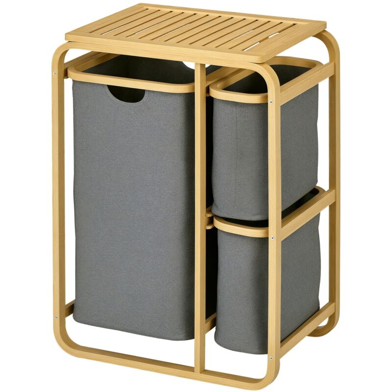 Panier à linge panier de rangement corbeille à linge bac linge sale en bambou 3 paniers - 49l x 33P x 70H cm gris-Bois naturel