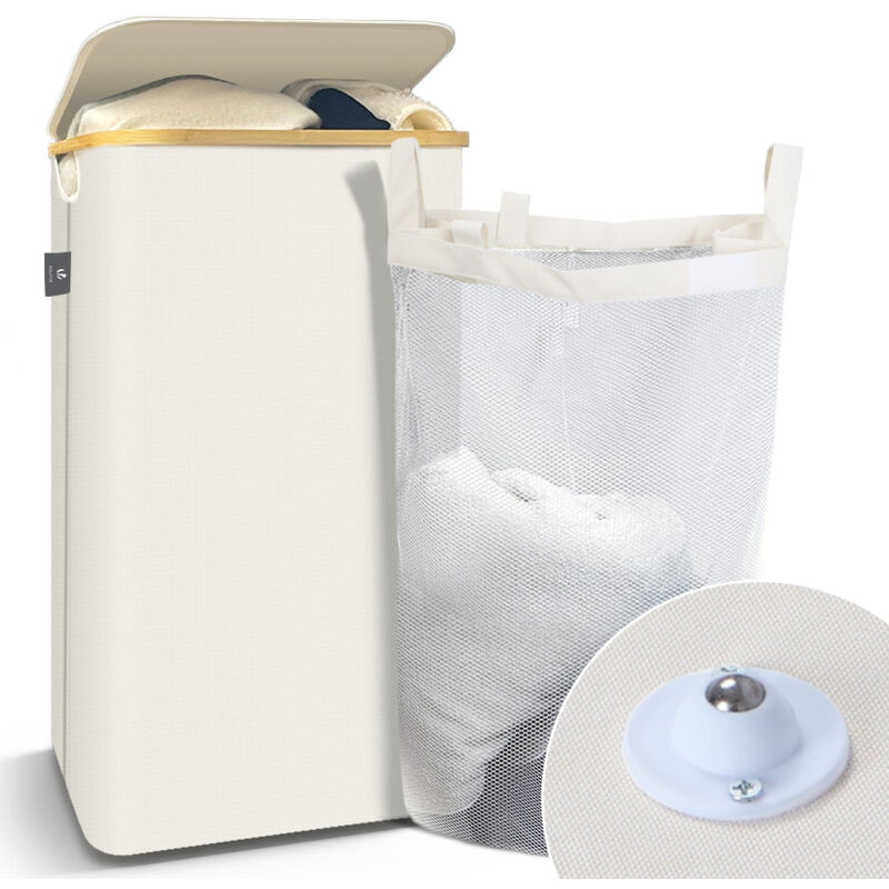 Vounot - Panier à linge pliable 100L avec roulettes avec sac intérieur cadre bambou et couvercle beige
