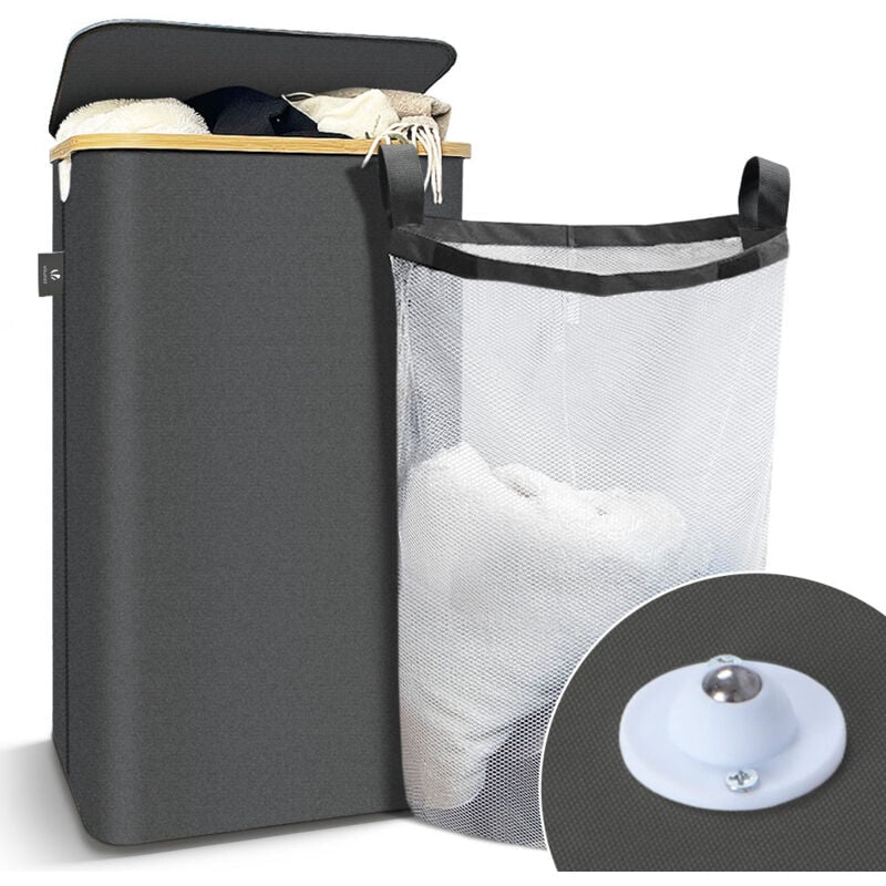 Panier à linge pliable 100L avec roulettes avec sac intérieur cadre bambou et couvercle gris