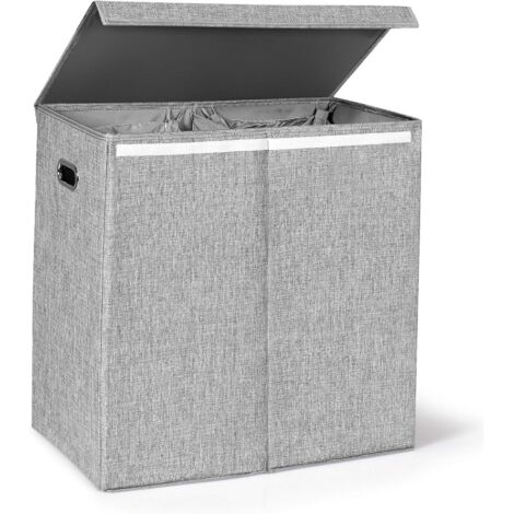 Panier à linge pliable 146 l, 2 compartiments, avec couvercle amovible et poignées gris