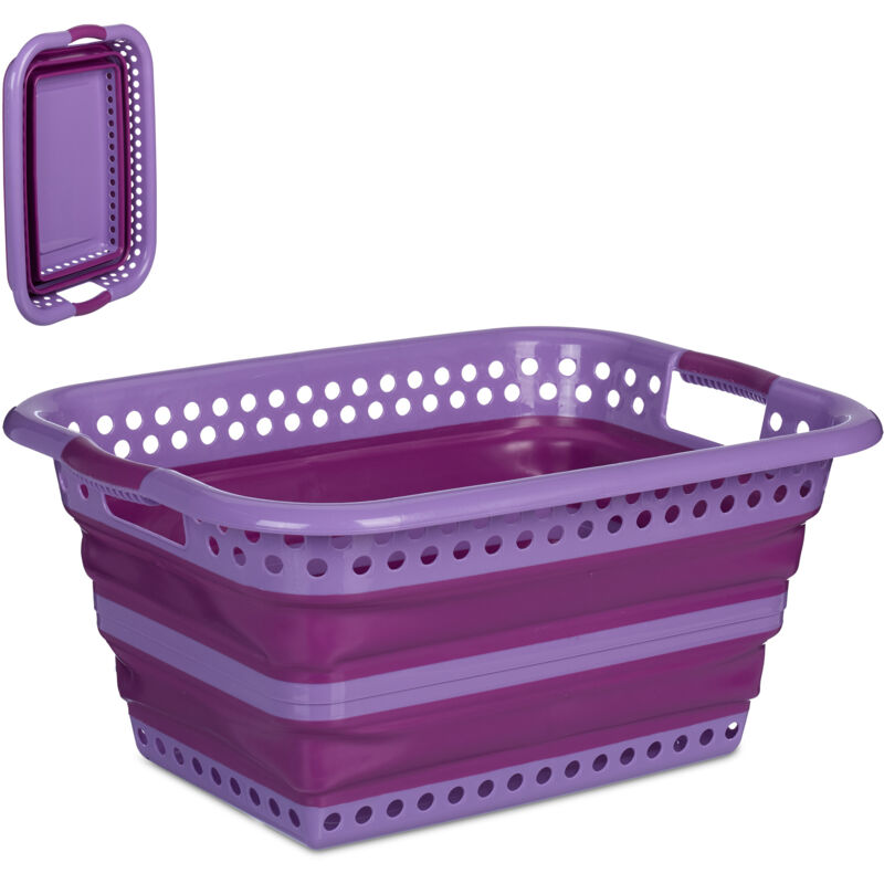 Panier à linge, pliable, 35 litres, en plastique, peu encombrant, avec poignées, violet - Relaxdays