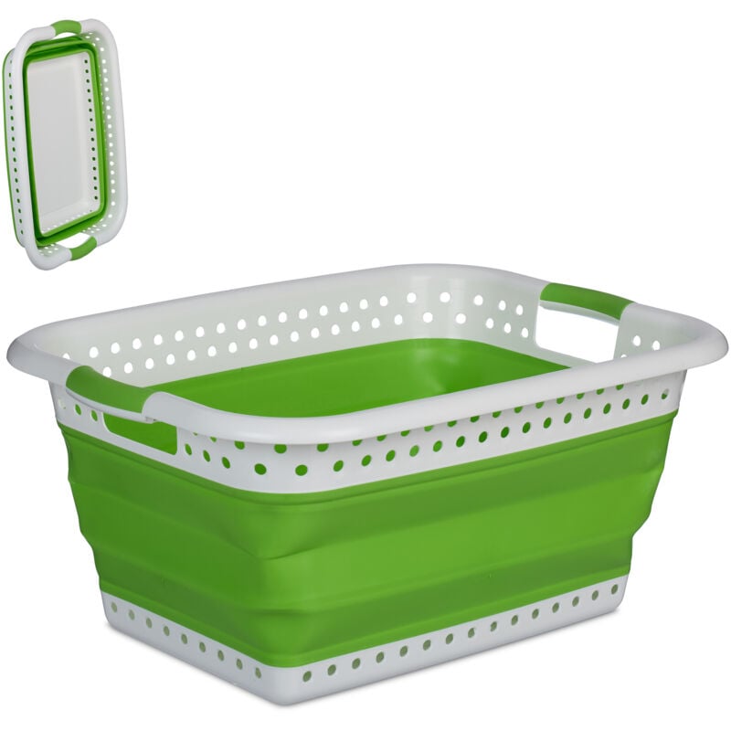 Panier à linge, pliable, 36 litres, en plastique, peu encombrant, avec poignées, vert et blanc - Relaxdays