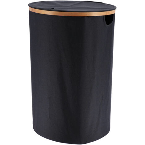 Panier à linge pliable avec couvercle 70L en polyester Noir et bambou D 40 x H 60 cm - TENDANCE