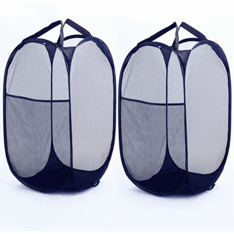 Panier à Linge Pliable, Corbeilles à Linge Pliable Pop Up en Maille Filet Sac à Linge avec 2 Poignées Renforcées, Organisat pour vêtements et Jouets 36x36x60cm, Bleu, Lot de 2