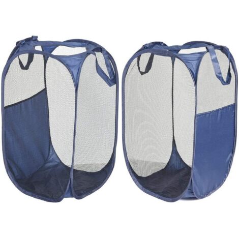 Panier à Linge Pliable, Corbeilles à Linge Pliable Pop Up en Maille Filet Sac à Linge avec 2 Poignées Renforcées, Organisateur pour vêtements et Jouets 36x36x58cm, Bleu, Lot de 2,