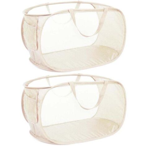 Panier à linge pliable en maille résistante, avec poches latérales et poignées renforcées, idéal pour la lessive, la salle de bain, les chambres d'étudiant ou les voyages. Lot de 2, beige.