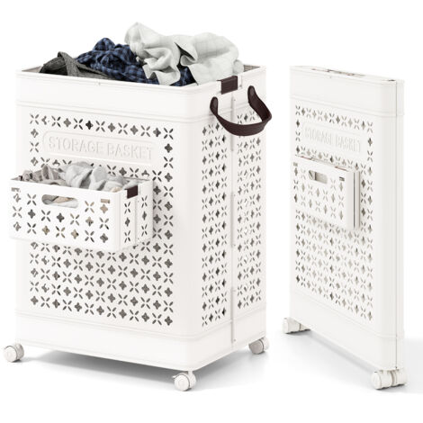 Panier à Linge Pliable et Mobile 75 L, Bac de Rangement en Plastique avec Panier à Sous-vêtements et Poignées, 43,5 x 34 x 61 cm, Blanc