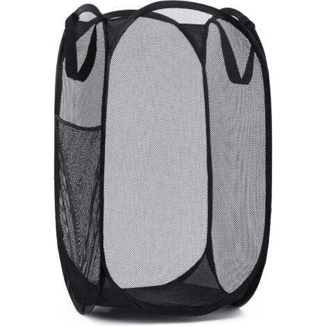 Panier à Linge Pliable - Maille Respirante - Ouverture Large - Poche Latérale - Noir - 1 Pièce