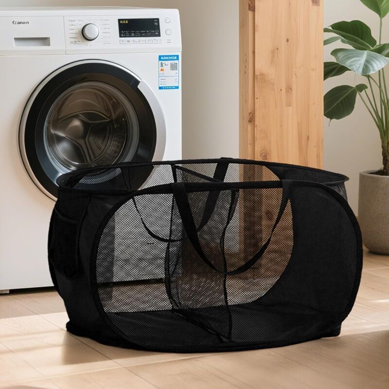 Image of Panier à linge pliable – Pop-up, avec poignée et compartiments, double maille, respirant, noir