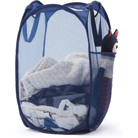 Panier À Linge Pliable - Structure Métallique Autoportante - Poche Latérale En Maille - Pour Chambre Étudiante Salle De Bain Ou Voyage - Bleu Marine - 1 Pièce