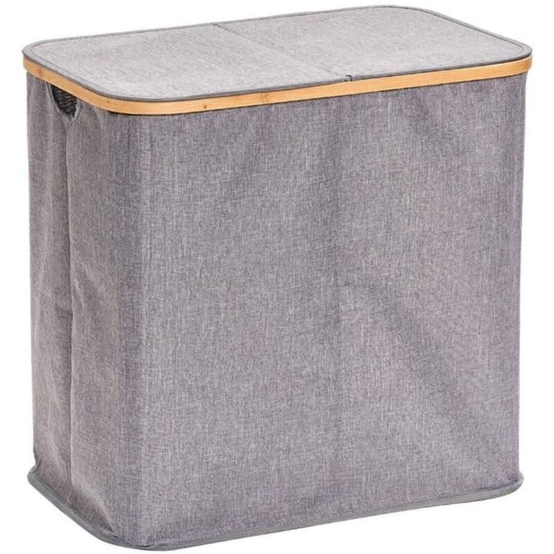 Panier à linge Poignée en Bambou - Corbeille à Linge sale 2 compartiments avec Couvercle - 110L - Gris .