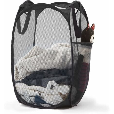 HEYTEA Panier à linge pop-up en maille avec poignées durables – Paniers à vêtements pliables portables pour dortoir, salle de bain et voyage (noir)