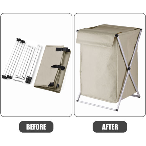 Panier à linge portable et pliable avec couverture - Cadre aluminium - Oxford - 58x38x38cm - 596g - Noir/Blanc/Beige