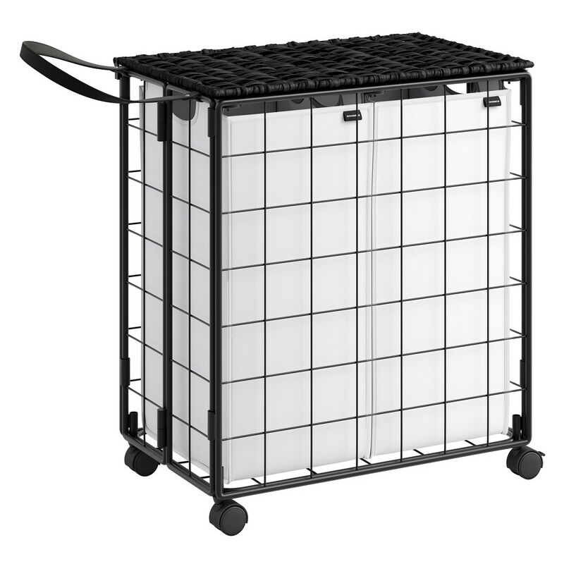 Panier à Linge Sale 110L, Chariot à Linge avec 2 Sacs Amovibles, avec Couvercle, 57 x 33 x 65 cm, pour Buanderie, Noir d'Encre et Blanc Nuage