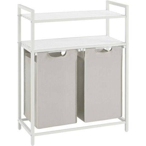 Panier à linge sale corbeille 2 compartiment bac avec 2 étagères de rangement sacs en amovible volume de chaque sac 46 litres pour salle de bain buanderie marron rustique et noir