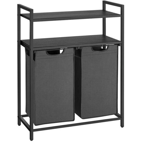 Panier à linge sale corbeille 2 compartiment bac avec 2 étagères de rangement sacs en amovible volume de chaque sac 46 litres pour salle de bain buanderie noir