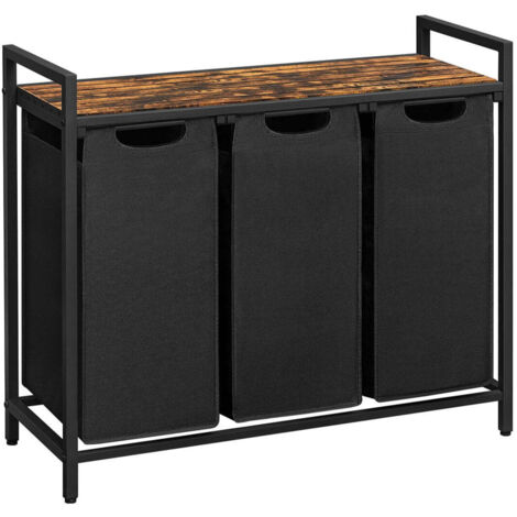 Panier à linge sale corbeille 3 compartiment bac avec 1 étagère de rangement sacs en amovible volume de chaque sac 38 litres pour salle de bain buanderie marron