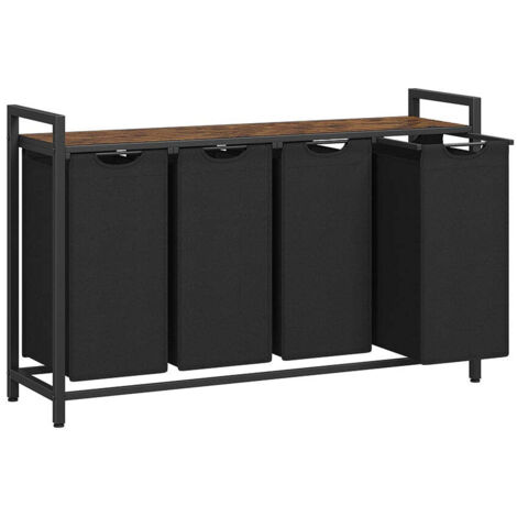 Panier à linge sale corbeille 3 compartiment bac avec 1 étagère de rangement sacs en amovible volume de chaque sac 38 litres pour salle de bain buanderie marron rustique et noir